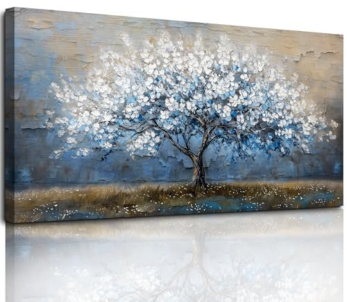 MHARTK66 Blau Weißer Blumenbaum Leinwand Bilder, 50x100 cm Groß Wandbilder Wohnzimmer Lebensbaum Bild Aesthetic, Modern Wanddeko Kunstdruck Schlafzimmer Esszimmer Büro Küche Badezimmer
