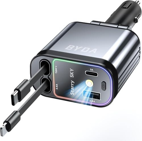 Caricabatteria da auto retrattile USB C 4 in 1, 69 W con luce stellata, ricarica rapida per iPhone 16/15/14/13/12, iPad,Android,Galaxy,Pixel,adattatore accendisigari (Lightning + USB-C)