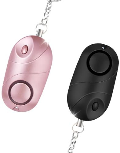 Momowin 2 Pieces Alarme Personnelle Anti Agression, Porte Clef Alarme Anti Agression, avec Un Volume de Plus de 130 DB et Un éClairage LED (Or Rose + Noir)