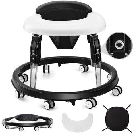 Baby Lauflernhilfe, Anti-Collision lauflernwagen, One-Touch Folding Baby Walker, 7-Gang höhenverstellbar, Anti-Roll 8-Rad-Rundfahrwerk, mit großem Essteller & Bremse von 6-18M (Schwarz-1)