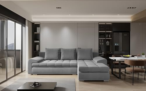 Kaiser Möbel - Ecksofa mit Schlaffunktion und Bettkasten - Tomi Couch für Wohnzimmer - Wohnlandschaft L Form - Easy-Clean Stoff Castel - 150x237x85cm - RechtsGrau