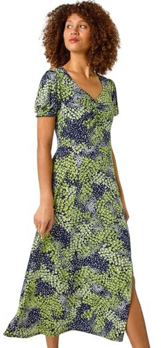 Roman Originals Floral Print Dress for Women UK Ladies Sweetheart Neck Ruched Midi Maxi Long Length Short Sleeve Flattering Casual Summer Spring Party Evening Going Out - Floral Lime Navy - Size 18