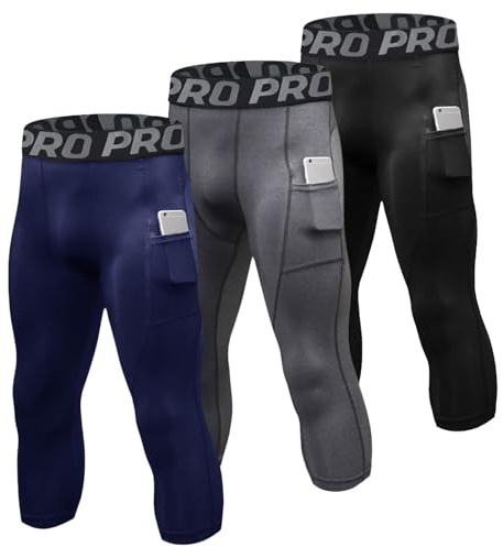 LNFINTDO 3er-Pack Kompressionshose Herren 3/4 Sport Legging Schnelltrocknende Lauftights mit Taschen Atmungsaktiv Kompression Hose für Fitness Gym Joggen Training Basketball