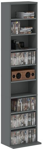 HOMCOM 260 CD/120 DVD Storage Unit, Blu-ray Media Storage Shelf con 9 scomparti e 6 ripiani regolabili, torre CD per soggiorno, camera da letto, ufficio, grigio