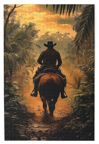 Vintage Western-Style Wooden Puzzle, Puzzles for Adults 1000 Pieces, Cowboys On Horses Crossing The Jungle, Gift for Denim Culture Lovers, Creative Activity Hobbies for Adults