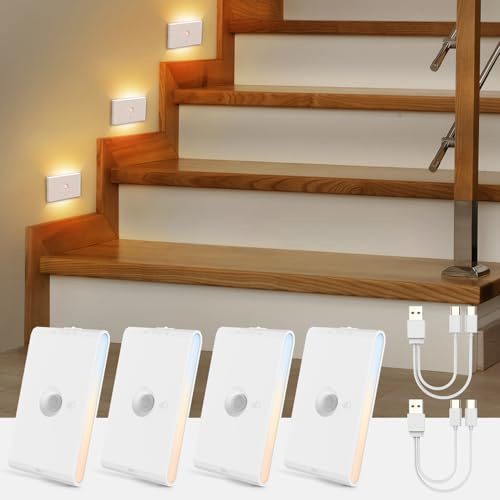 Luz Nocturna con Sensor de Movimiento/Crepuscular a Pilas, Lampara LED Recargable 3 Modos AUTO ON/OFF, Luz Noche Regulable Blanco Cálido/Natural/Frío para Escalera, Pasillo, Cocina, Sótano, 4 Piezas