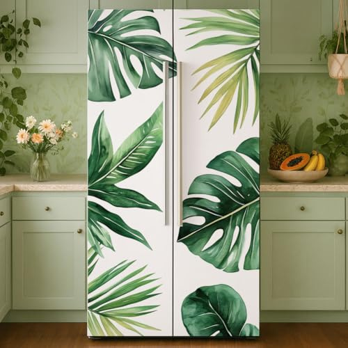 GOMAKERER 2 Pcs Tropical Leaves Pattern Removable Refrigerator Wraps, Self-Adhesive Fridge Door Mural Vinyl Freezers Panel Cover Sticker for Kitchen Bar Decor, 41.5x200cm