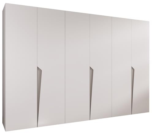 MEBLE KRYSPOL - Kleiderschrank - Garderobenschrank - 300 cm x 202 x 52 cm - Schrank mit Kleiderstange, 6 Türen - für Schlafzimmer, Flur - Piano, Weiß, Griff Kaschmir
