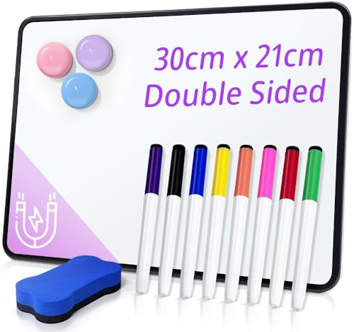 A4 Whiteboard, Mini Dry Erase White Boards, Double Sided White Board Set with 8 Coloured Pens, 3 Magnets and Erasers, Portable Small Whiteboard for School Home Classroom Office