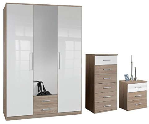 Bedroom Furniture Set - Oak & Gloss White - 3 Door Wardrobe With Mirror and 2 Drawers - 6 Drawer Narrow Chest - Bedside Cabinet Drawer Chest - German Made Quality - Flat Packed For Home Assembly … …