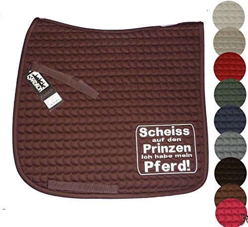 Eskadron 'Scheiss auf den Prinzen' Dressur Spruch-Schabracke, Schabrackenfarbe:weiß, Garnfarbe:schwarz