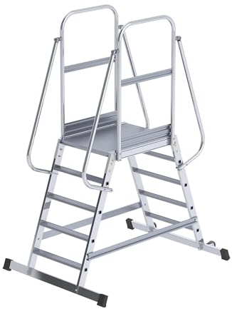 eurokraft | Alu-Podestleiter | beidseitig begehbar | fahrbar | 2 x 5 Stufen