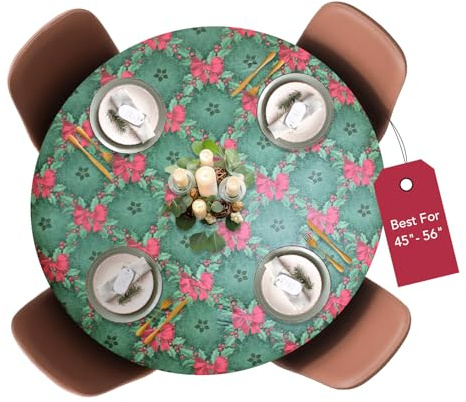 Covers For The Home Deluxe Elastic Edged Flannel Backed Vinyl Fitted Table Cover - Christmas Pattern - Large Round Oblong Oval - Fits Tables up to 45 - 56 Diameter