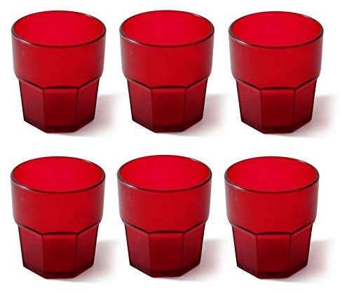 Omada Design 6 verres à boissons de 30 cl pour vos long drink en plastique 9 cm de hauteur, incassables,forme octogonale empilables et allant au lave-vaisselle, Ligne Unglassy,Rouge