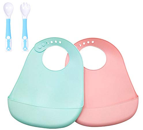 Bavoir Bébé en Silicone + Cuillère, Treer Souple Bavette imperméable Mignon Réglable Salive Serviette pour Bébé Naissance Garçons Filles Protéger les Vêtement Taches (Couleur unie)