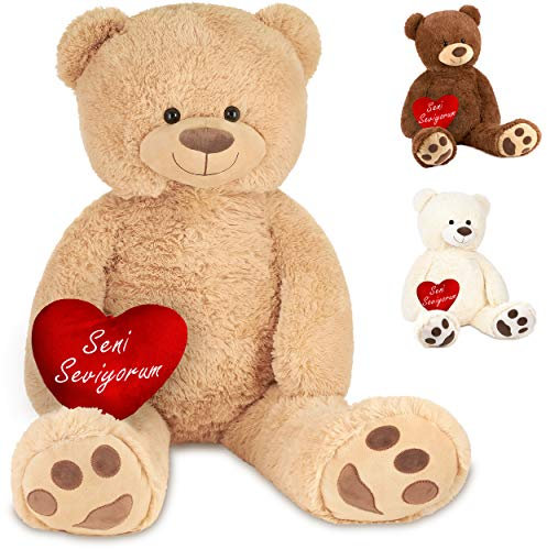 BRUBAKER XXL Teddybär Seni Seviyorum - 100 cm Stofftier Beige mit einem Herz - Plüschtier Kuscheltier