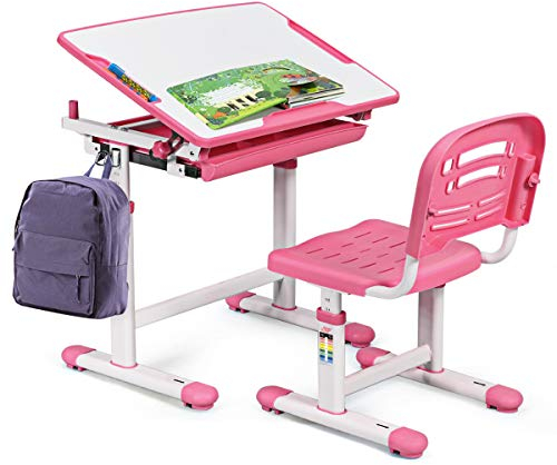 GIANTEX Kinderschreibtisch mit Stuhl, Kinderschreibtisch-Set Kindertisch mit Stuhl höhenverstellbar & neigungsverstellbar, Schülerschreibtisch Jugendschreibtisch Schreibtisch Kinder (rosa)