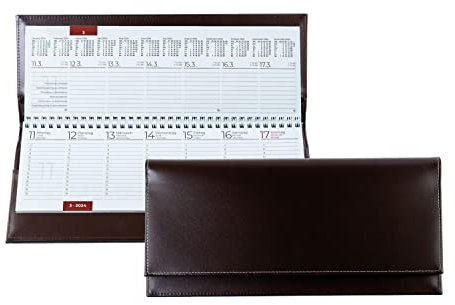DELMON VARONE - Tischquerkalender 2025 + 2026 Cambridge Top Grain Leder Braun - Tischkalender Quer 1 Woche auf 2 Seiten - Echtleder Wochenplaner Kalender - Büro & Schreibtisch Wochenkalender Organizer