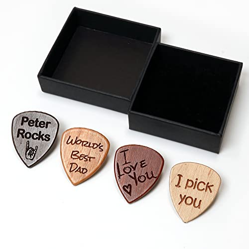 Personalisierte Gitarren Pick Plektrum aus Holz + Geschenk-Box | Schaffen Sie ein ganz einzigartiges Geschenk | Lasergravur (Schwarz Chacate)