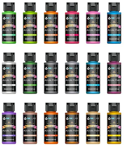 INK LAB Metallic Acrylfarben Set 18 x 60 ml, Wasserdichte lichtbeständige metallic acrylic paints, Schnelltrocknend mit Hochglanz-Effekt für Holz, Leinwand, Keramik, Ideal für Anfänger und Profi