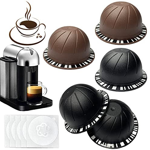 5pcs Reusable Coffee Pods for Nespresso VertuoLine, Refillable Coffee Capsules for Vertuo, Refill Coffee Pod for Nespresso Machine with 5pcs Aluminum Foil Lids