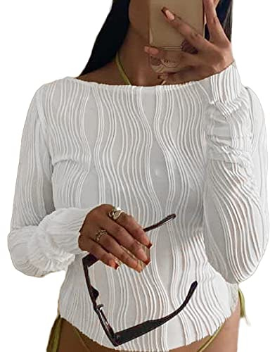 FeMereina Women's Long Sleeve Pleated Shirt Crew Neck Slim Fit Tops Aesthetic Streetwear