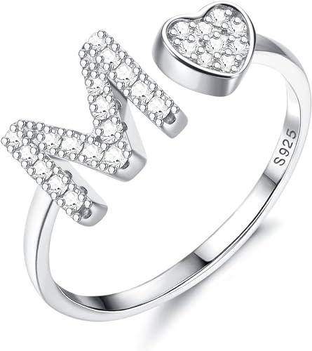 Diamday S925 Sterling Silber Verstellbarer Buchstabe Ring für Damen Mädchen - Herz Stapelbare Offener Initiale Alphabet A-W Personalisierter Ring Mit Großbuchstaben Initialen Schmuck Geschenke