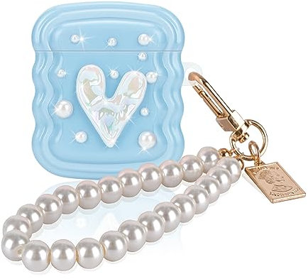 DiyGody Case Compatible for AirPods 1st Generation Cute with Pearl Wrist Keychain,Wave Frame Glitter Heart Design Soft TPU Full Protective Cover for Airpods Case 2nd Generation-Blue