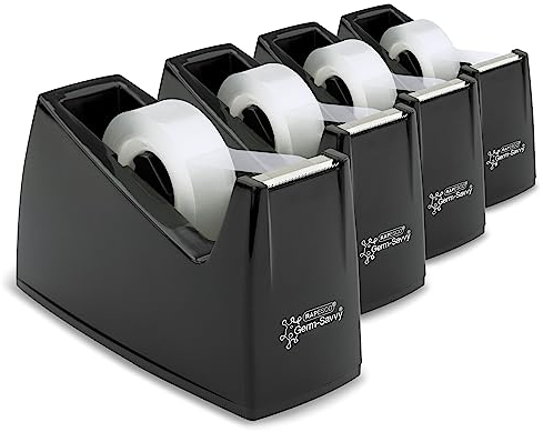 Rapesco 1741 Business Pack: 4 Germ-Savvy Antibakterielle 300 Klebebandabroller und 4 Transparente Klebebandrollen, Schwarz