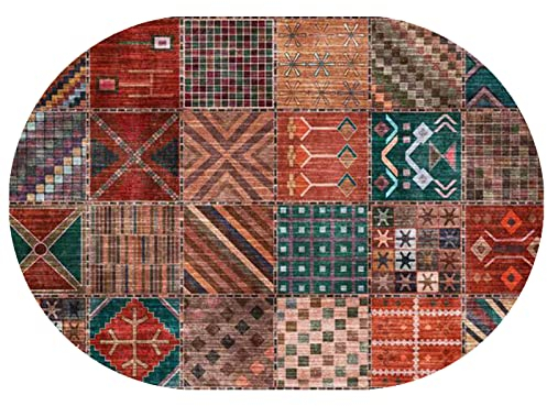 Rururug Teppiche für Wohnzimmer Sofa, Schlafzimmer, Teppich Kurzflor pflegeleicht,Rot Mehrfarbig Patchwork Geometrisch Orange Grün Braun Bunt,Oval 80 x 120 cm