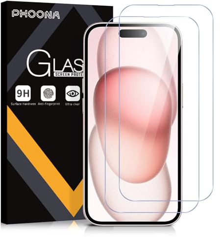 Phoona 2 Pièces Verre Trempé pour iPhone 15,Film Protection écran pour iphone 15,Anti Rayures, Dureté 9H Glass, Sans Bulles d'air, Ultra HD Transparent