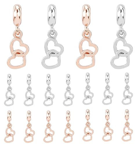 SUPERFINDINGS 32Pcs 2 Colors Double Heart Dangle Charm Alloy European Charms with Large Hole Platinum Rose Gold Love Shaped Hollow Pendants Charms for Earrings Bracelets Necklaces Making Hole 4mm
