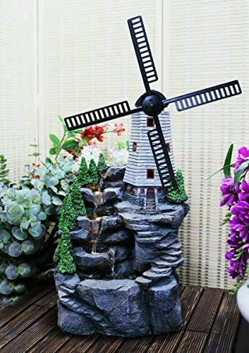 Outdoor Garden Water Fountain Windmill Indoor Outdoor Polyresin Water Fountain Feature LED Lights Garden Floor-Standing Waterfalls Fountains for Home Yard Decoration
