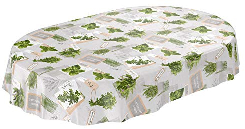 ANRO Tischdecke Wachstuchtischdecke Wachstuch Wachstischdecke pflegeleicht abwaschbar Kräuter Grün Beige Bio Basilikum Oval 140 x 200cm