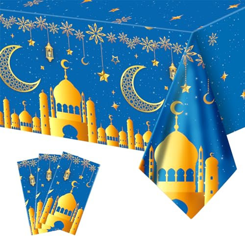 TOPJOWGA Eid Mubarak Tischdecke, 3 Stück Ramadan Tischdecke, Eid Ramadan Party Tischdecke, Mond Stern Rechteck Tischdecke, Muslim Islamische Ramadan Party Dekoration