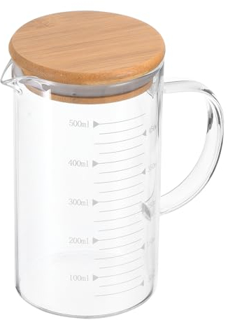 PATIKIL 500ml Glass Measuring Cup, 3.3 Borosilicate Glass Graduated White Printed Scale Liquid Measure Cups Beaker with Wood Lid and V-Shaped Spout for Kitchen