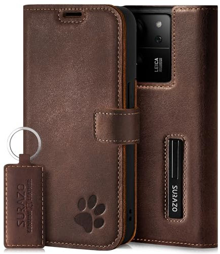 SURAZO Premium Handyhülle für Xiaomi 13T Pro & 13T 5G – Echtleder Schutzhülle mit Pfote Motiv – RFID Klapphülle [mit Magnet, Standfunktion, Kartenfach] Cover Hülle Leder Case Lederhülle (Nussbraun)