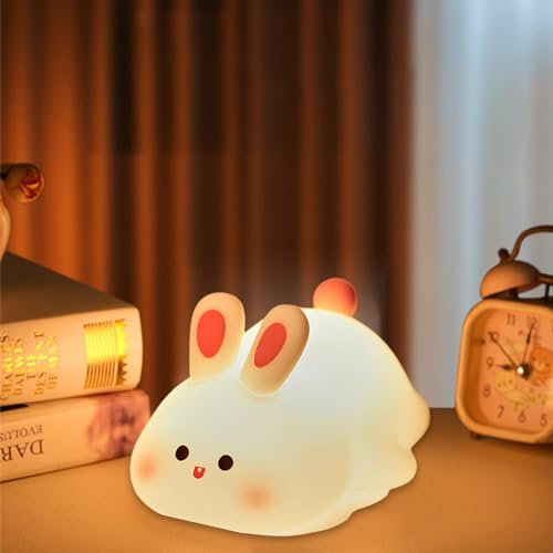 Geonoy Cute Bunny Night Light, Silicone Bunny Bedside Lamp, Big Face Rabbit Silicone Touch Lamp, Portable Bunny Light with USB Rechargeable, Cute Baby Night Lamp Cordless, Bedroom Decor
