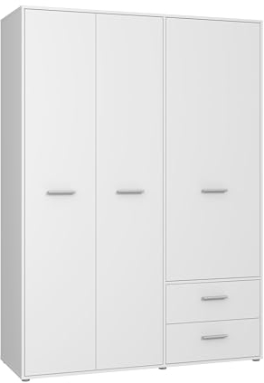 FORTE Jupiter Schrank 140 150, weißer Kleiderschrank, Drehtürenschrank, 3-türig, mit 2 Schubladen und Einlegeböden, Weiß, 145 cm breit x 53 cm tief x 200 cm hoch