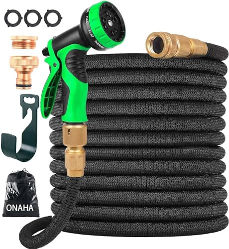 ONAHA-Expandable Garden Hose Pipe, Upgraded 3-Layer Latex No-Kink Flexible Water Hose, 3/4&1/2 Metal Connectors, 10 Function Spray Nozzle (75FT/22M)
