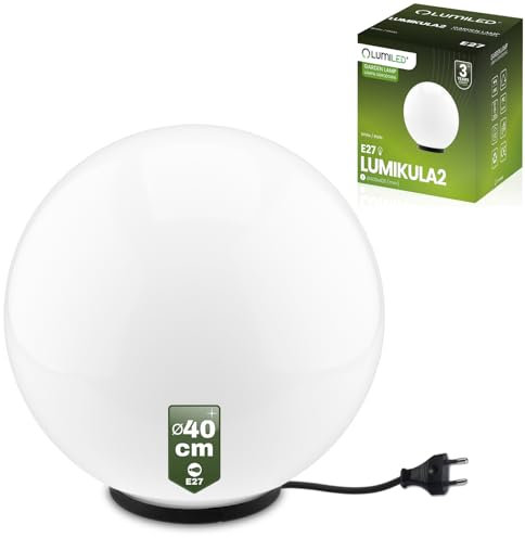 Lumiled Milchig Kugelleuchte Außen Außenkugelleuchte Kugellampe Weiß Gartenkugel Außenleuchte Kugel Wegeleuchte Lichtkugel wetterfest IP44 E27 Fassung inkl. Anschlusskabel 1,95m Ø 40cm