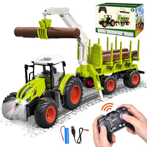 Herenear RC Tracteur Telecommandé Enfant, Tracteur Telecommande avec Remorque Forestière à Partir de 2 3 4 5 6 Ans, Jouet Ferme avec Grappin et 4 Troncs d'arbre, Cadeau de Noël pour Enfants