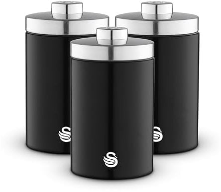 Swan SWKA18530BLK Townhouse Set of 3 Kitchen Storage Canisters for Tea, Coffee, and Sugar with Pull Chrome Handles, Airtight Lids, Colour Coated Iron and Chrome Accents, 1.6L, Black