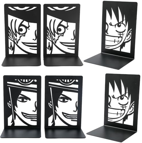 Luffy Buchstützen aus schwarzem Metall, Anime-Cartoon-Buchstützen, Heimbüro, Aufbewahrungsgeschenk für Hobby-Anime-Fans und Freunde (3 Stück, einteilig)