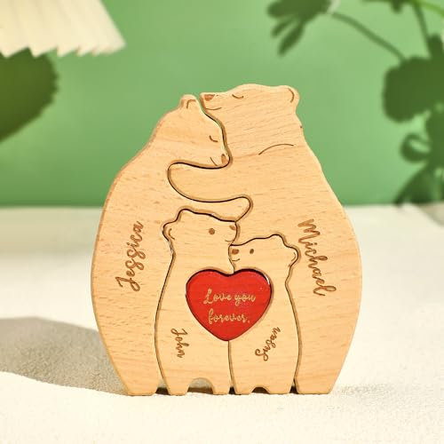 Personalisiertes Holzkunstpuzzle der Bärenfamilie mit 2-6 Namen, Holz Bär Skulpturen Desktop Ornament Weihnachts Home Tischdekoration, Geschenk für Familie, Oma, Opa Mama, Papa