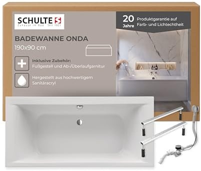 Schulte Badewanne Onda 190x90 cm, Set inkl. Fußgestell und Ablauf, aus hochwertigem Acryl in Weiß glänzend