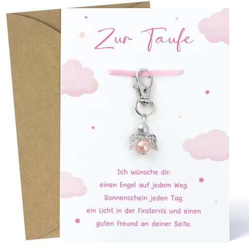 MEJOSER Taufgeschenke für Mädchen Junge Karte zur Taufe Mädchen Grußkarte Schutzengel Taufkarte Geschenk Engel Schlüsselanhänger Deko Rosa (Rosa)