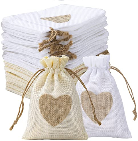 Jutesäckchen 24 Stück Natur Säckchen Stoffbeutel Geschenksäckchen mit Kordelzug, Kleine Herz Schmuckbeutel Aufbewahrung Taschen für Hochzeit, Party, Feiern (2 Farben, 10 * 14mm)