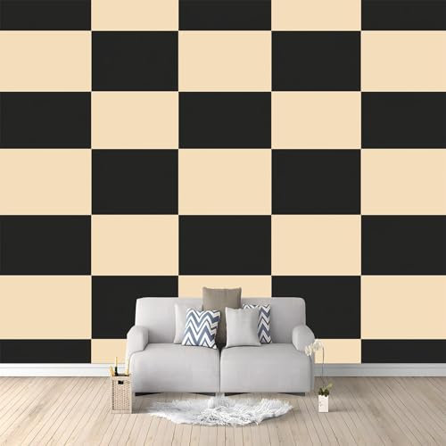 Papier Peint de Photo Échiquier À Carreaux Beige Et Noir 400x280 cm Papier Peint Murale intissé Panoramique, Papier Peint Personnalisé Pour Garçon Fille Ado Chambre Salon Décor