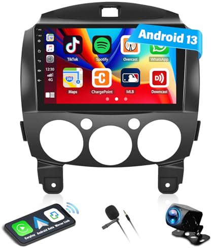 CAMECHO 2G+32G Android 13 Car Radio for Mazda 2 2007-2014 with Wireless Carplay Android Auto Mirrror Link, 9 Inch Touch Screen Car Stereo with Bluetooth Sat Navi RDS/FM SWC+Backup Camera